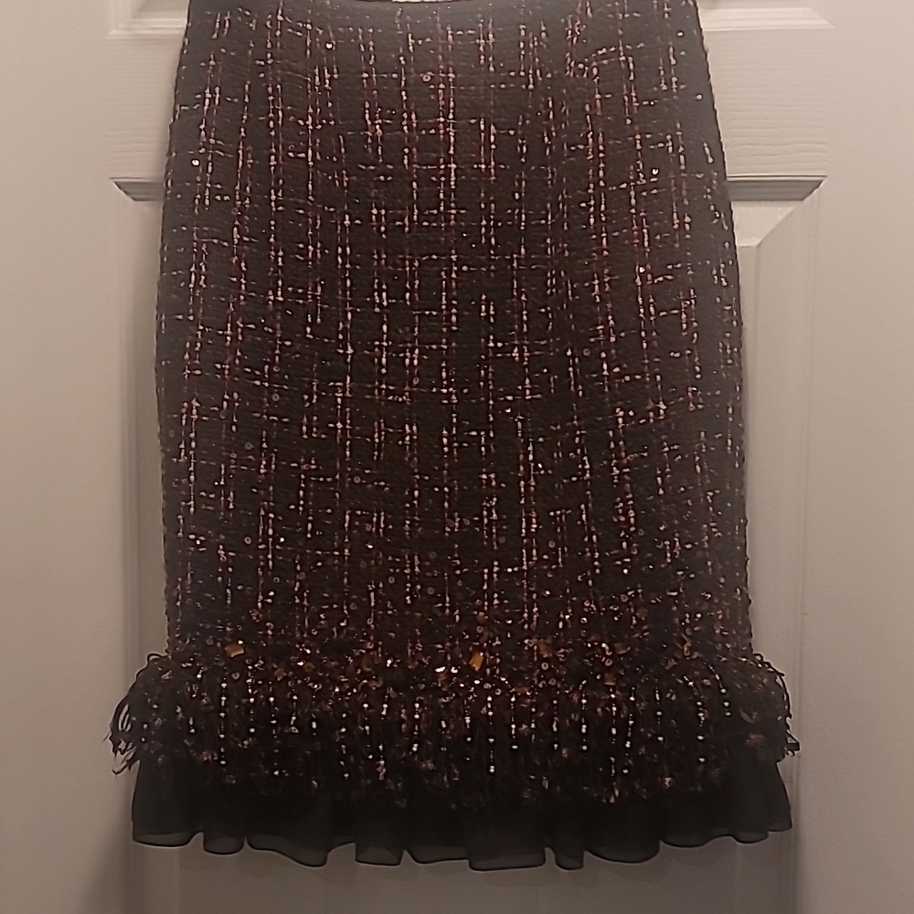 Lafayette 148 New York Tweed Wool Blend Brown Skirt With Embellished Hem Sz 2 - Picture 6 of 9